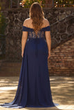 Marineblauw off-the-shoulder A-lijn korset lange galajurk met kant op de rug