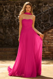 Fuchsia Een strapless geplooide tule lange galajurk met slinger