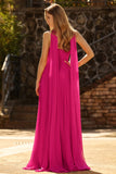 Fuchsia Een strapless geplooide tule lange galajurk met slinger