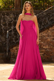 Fuchsia Een strapless geplooide tule lange galajurk met slinger