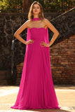 Fuchsia Een strapless geplooide tule lange galajurk met slinger