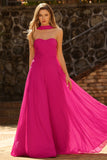 Fuchsia Een strapless geplooide tule lange galajurk met slinger