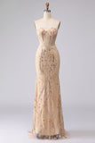 Champagne Zeemeermin strapless kralenpailletten lange galajurk met kant op de rug