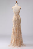 Champagne Zeemeermin strapless kralenpailletten lange galajurk met kant op de rug