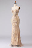 Champagne Zeemeermin strapless kralenpailletten lange galajurk met kant op de rug