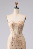 Champagne Zeemeermin strapless kralenpailletten lange galajurk met kant op de rug