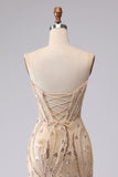 Champagne Zeemeermin strapless kralenpailletten lange galajurk met kant op de rug