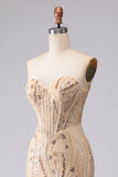 Champagne Zeemeermin strapless kralenpailletten lange galajurk met kant op de rug