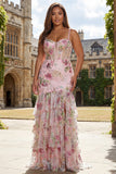 Roze bloemen zeemeermin met gelaagde ruches pailletten lange plus-size galajurk met split
