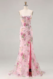 Glitterende meermin strapless korset met paillettenroze lange galajurk met split