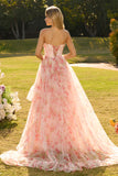 Roze A-lijn kralenbezette strapless korsetbedrukte bloemenjurk met lange gala-jurk met ruches