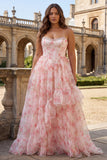 Roze bloemenjurk met kralen versierd strapless korset met print en lange galajurk met ruches