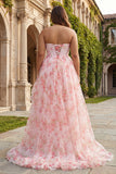 Roze bloemenjurk met kralen versierd strapless korset met print en lange galajurk met ruches