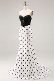 Zwarte witte zeemeermin met satijnen lange polkadots jurk met strik