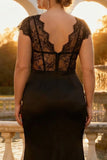 Zwarte Mermaid Lace V-hals plus maat lange galajurk met split