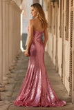 Glitterende roze zeemeermin strapless lange galajurk met strik