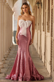 Glitterende roze zeemeermin strapless lange galajurk met strik