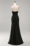 Zwarte chiffon gerimpelde strapless schede lange formele jurk met split