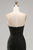 Zwarte chiffon gerimpelde strapless schede lange formele jurk met split