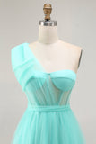 Mintgroene A-lijn One Shoulder Korset Lange Prom Jurk Met Split