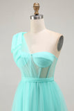 Mintgroene A-lijn One Shoulder Korset Lange Prom Jurk Met Split