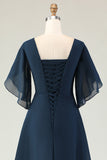 Navy A-lijn gerimpelde chiffon midi koorjurk met kralen