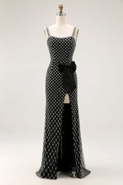 Zwarte kralen zeemeermin spaghettibandjes Rhinestone kant boog lange Prom jurk met split