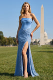 Blauwe strapless korset parelparels zeemeermin lange galajurk met split