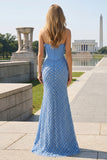 Blauwe strapless korset parelparels zeemeermin lange galajurk met split