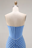 Blauwe strapless korset parelparels zeemeermin lange galajurk met split
