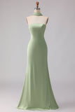 Strapless Stoffy Sage Zeemeermin Satijn lange bruidsmeisjesjurk met een halsdoek