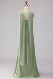 Strapless Stoffy Sage Zeemeermin Satijn lange bruidsmeisjesjurk met een halsdoek