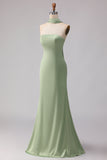 Strapless Stoffy Sage Zeemeermin Satijn lange bruidsmeisjesjurk met een halsdoek