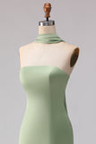 Strapless Stoffy Sage Zeemeermin Satijn lange bruidsmeisjesjurk met een halsdoek