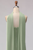 Strapless Stoffy Sage Zeemeermin Satijn lange bruidsmeisjesjurk met een halsdoek