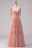Blush A-lijn strikbandjes gerimpeld open rug Chiffon lange bruidsmeisjesjurk