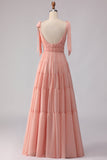 Blush A-lijn strikbandjes gerimpeld open rug Chiffon lange bruidsmeisjesjurk