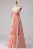 Blush A-lijn strikbandjes gerimpeld open rug Chiffon lange bruidsmeisjesjurk