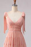 Blush A-lijn strikbandjes gerimpeld open rug Chiffon lange bruidsmeisjesjurk