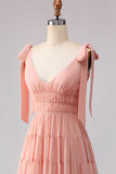 Blush A-lijn strikbandjes gerimpeld open rug Chiffon lange bruidsmeisjesjurk