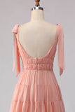 Blush A-lijn strikbandjes gerimpeld open rug Chiffon lange bruidsmeisjesjurk