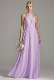 Halter A Line Lila Chiffon Chiffon lange bruidsmeisjesjurk