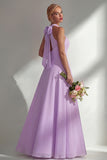 Halter A Line Lila Chiffon Chiffon lange bruidsmeisjesjurk