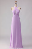 Halter A Line Lila Chiffon Chiffon lange bruidsmeisjesjurk