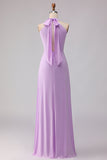 Halter A Line Lila Chiffon Chiffon lange bruidsmeisjesjurk
