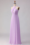 Halter A Line Lila Chiffon Chiffon lange bruidsmeisjesjurk
