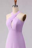 Halter A Line Lila Chiffon Chiffon lange bruidsmeisjesjurk