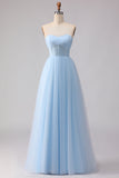 Blauwe strapless chiffon A-lijn korset lange bruidsmeisjesjurk