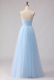 Blauwe strapless chiffon A-lijn korset lange bruidsmeisjesjurk