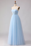 Blauwe strapless chiffon A-lijn korset lange bruidsmeisjesjurk